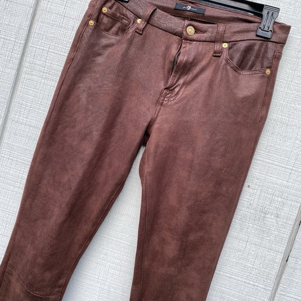 7 For All Mankind Crackled Faux Leather Brown Pants Skinny Size 27 Stretchy Soft